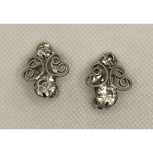 Vintage Silver Tone & Rhinestone Textured Open Heart Clip On Earrings Costume
